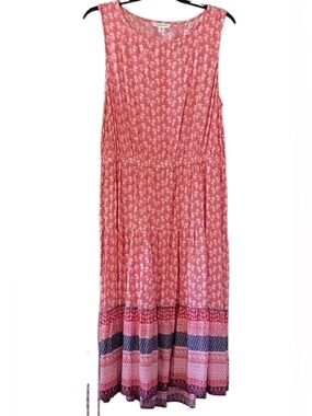 beachlunchlounge Coral Pink Floral Border Print Dress with Back Keyhole. Sz.  XX